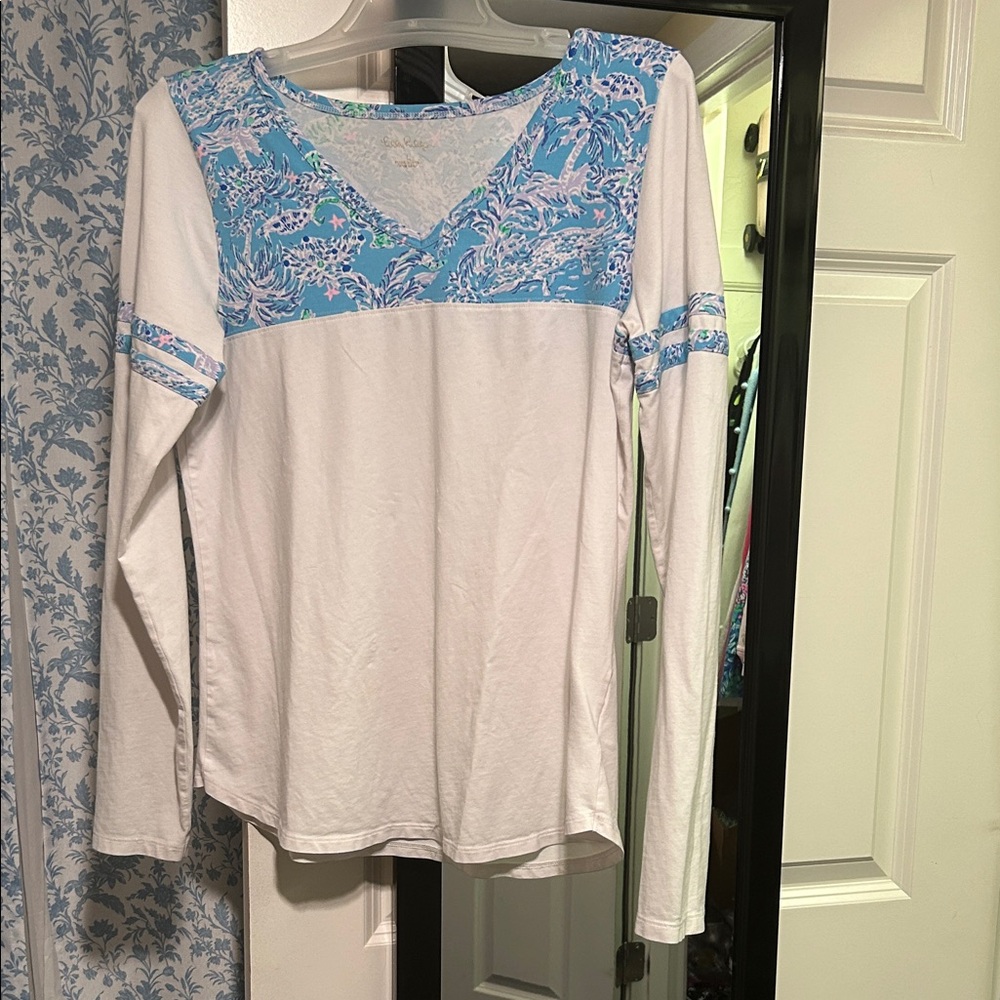 Lilly Pulitzer White and Blue Floral Long Sleeve Top